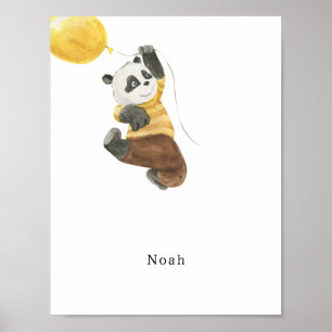 Cute Watercolour Panda With Balloon Name Poster