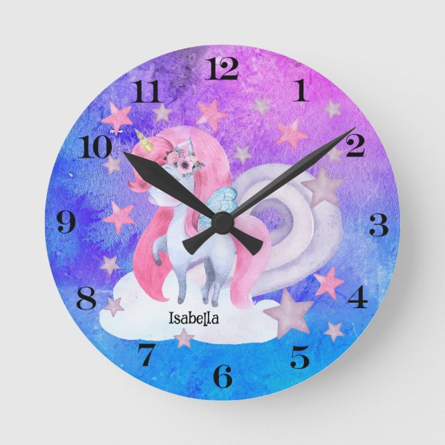 Cute Watercolour Rainbow Unicorn Personalised Round Clock (Front)