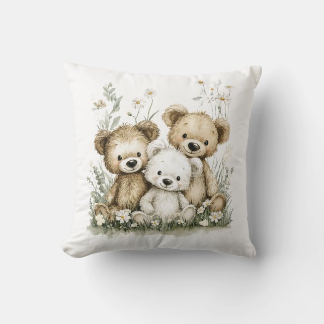 Cute Watercolour Teddy Bear group Throw Pillow (Front)