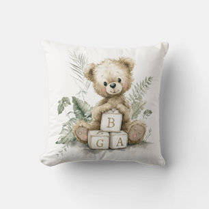 Cute Watercolour Teddy with wooden blocks Throw Pillow