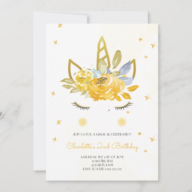 Cute Watercolour Unicorn Yellow Invitation (Front)
