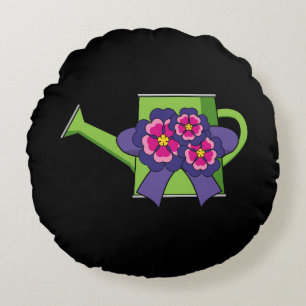 Cute Watering Can with Flowers Bouquet Round Pillow