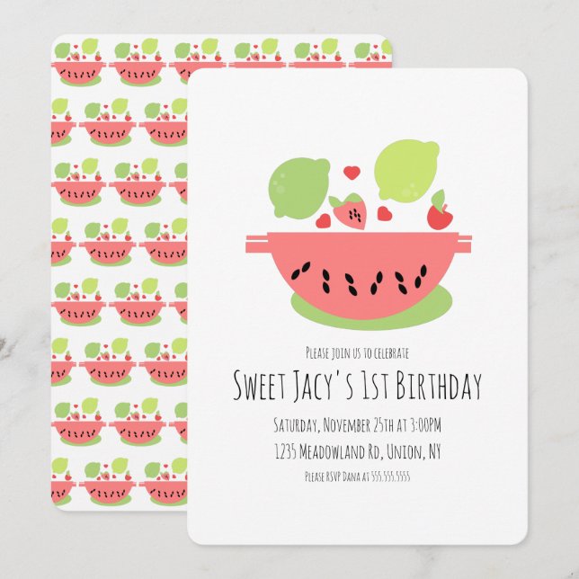 Cute Watermelon Birthday Fruit Salad Invitation (Front/Back)