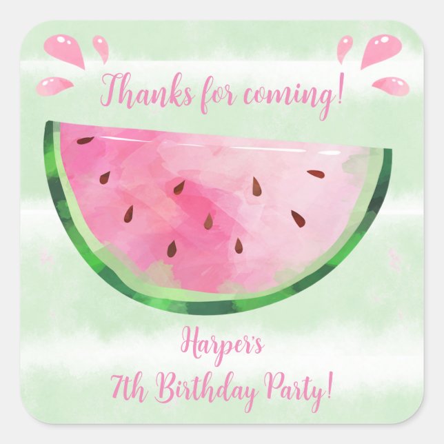 Cute Watermelon Birthday Party Favours Square Sticker (Front)