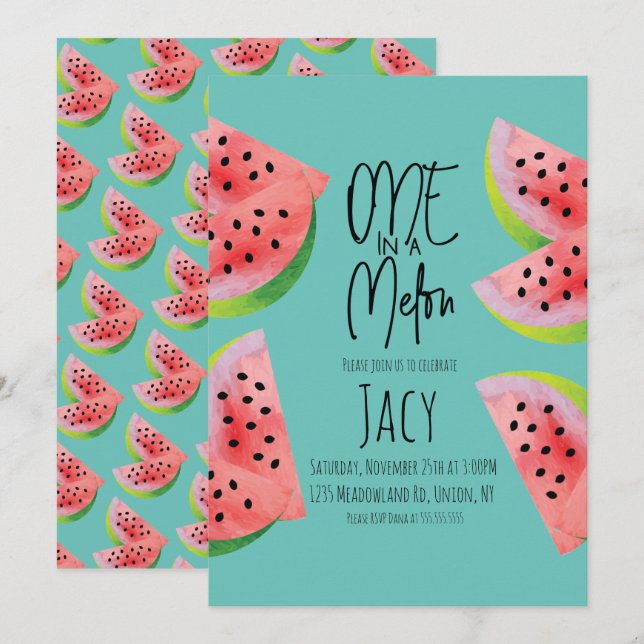 Cute Watermelon Birthday Watercolor Summer Party I Invitation (Front/Back)