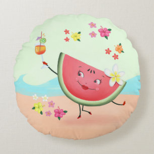 Cute Watermelon Character and Beach Round Pillow