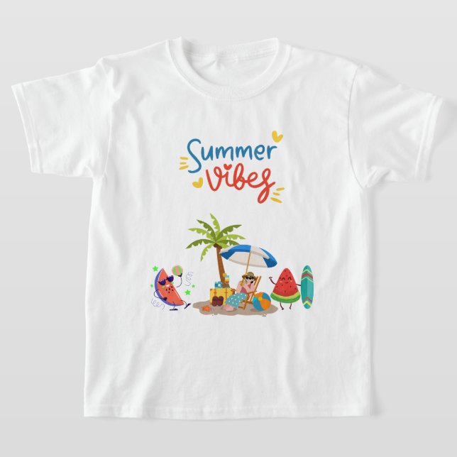  Cute Watermelon Characters Relaxing Under a Palm  T-Shirt (Laydown)