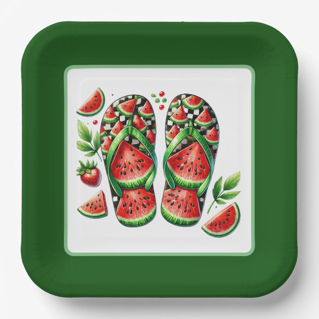 Cute watermelon flip flop beach party  paper plate (Front)