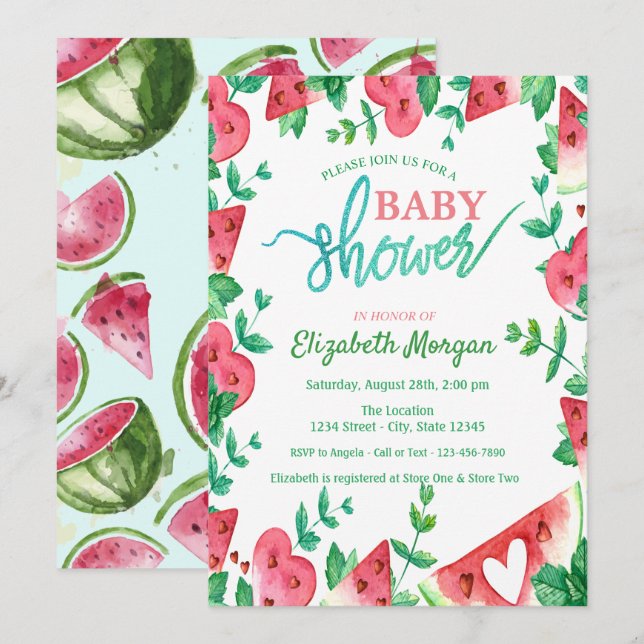 Cute Watermelon Heart Baby Shower  Invitation (Front/Back)