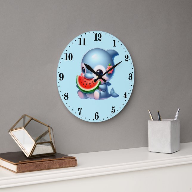 Cute watermelon lovers dolphin large clock (Office)