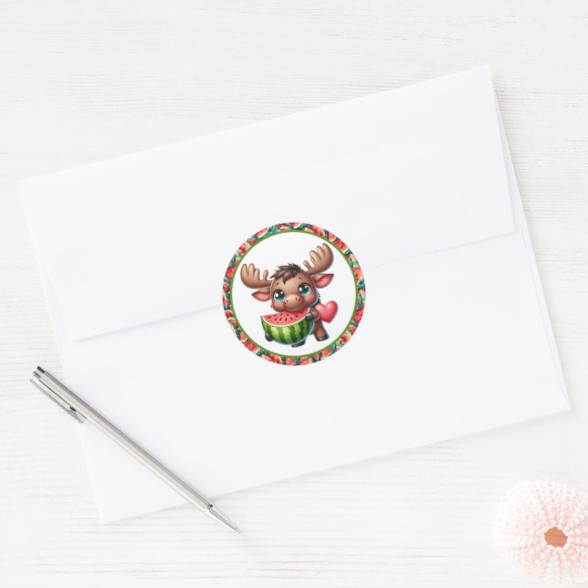 Cute watermelon moose party classic round sticker (Envelope)