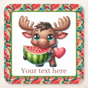 Cute watermelon moose party  square paper coaster