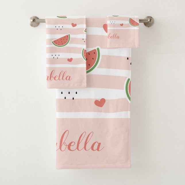 Cute Watermelon On Pink Stripes Pattern Personized Bath Towel Set (Insitu)
