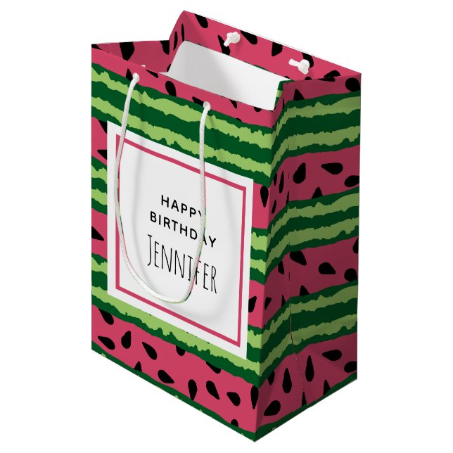 Cute Watermelon Pattern Pink & Green Birthday Medium Gift Bag (Front Angled)