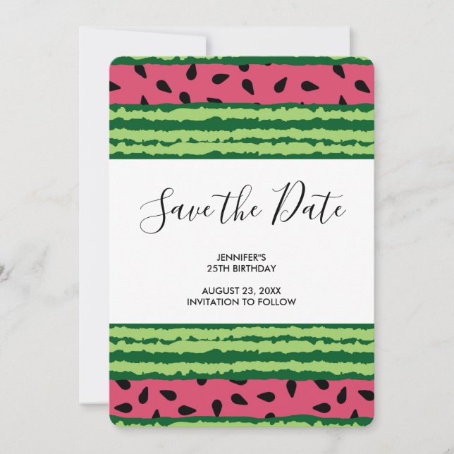 Cute Watermelon Pattern Pink & Green Birthday Save The Date (Front)