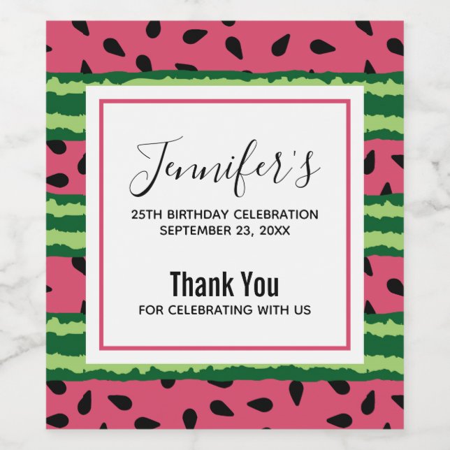 Cute Watermelon Pattern Pink & Green Birthday Wine Label (Single Label)