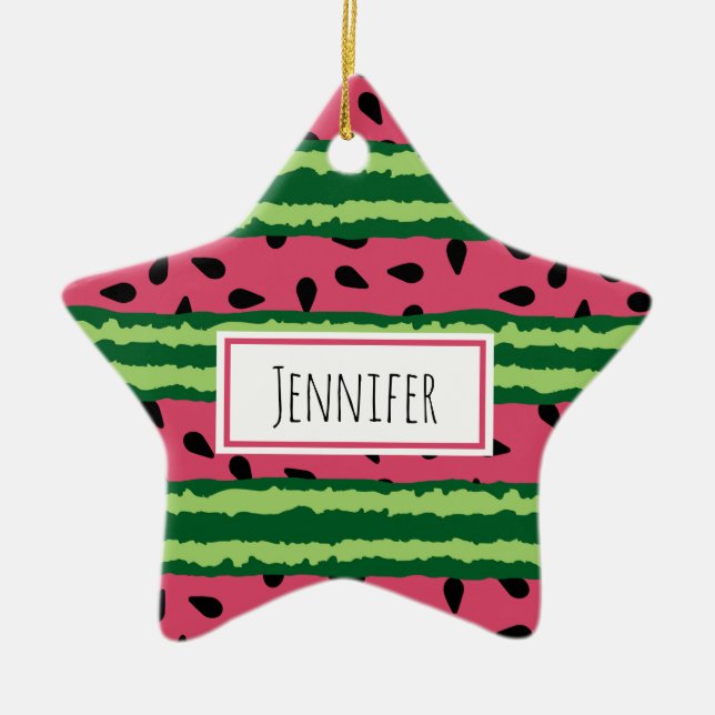 Cute Watermelon Pattern Pink & Green Ceramic Ornament (Front)