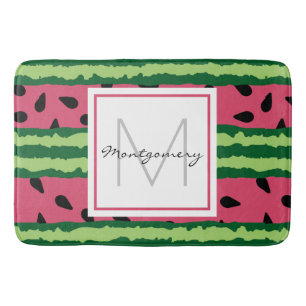 Cute Watermelon Pattern Pink & Green Monogram Bath Mat
