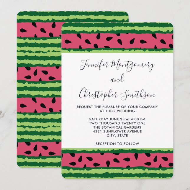 Cute Watermelon Pattern Pink & Green Wedding Invitation (Front/Back)