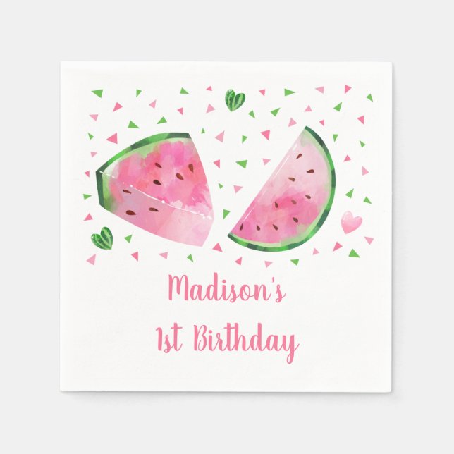 Cute Watermelon Pink & Green Birthday Napkin (Front)