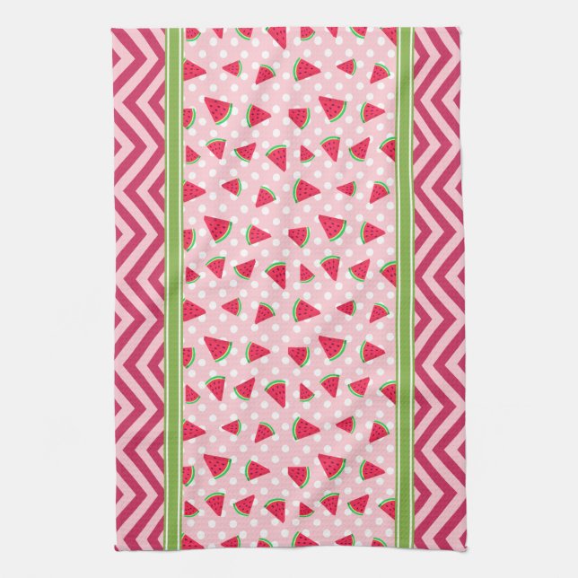 Cute Watermelon Polka Dot & Chevron Pink Kitchen Towel (Vertical)