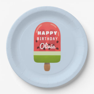 Cute Watermelon Popsicle Happy Birthday Paper Plate