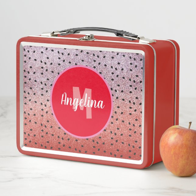 Cute Watermelon Seeds Monogrammed Faux Glitter Red Metal Lunch Box (In Situ)