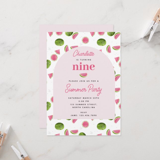 Cute Watermelon Summer Pink Girl Birthday Invitation (Front/Back In Situ)