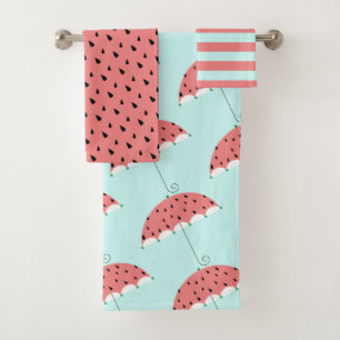 Cute Watermelon Umbrella Pattern on Blue Bath Towel Set