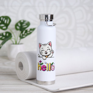 Cute Waving Cat Hello Colourful Retro Water Bottle