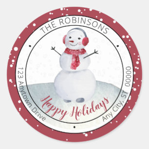 Cute Waving Snowman Happy Holidays Family Classic Round Sticker