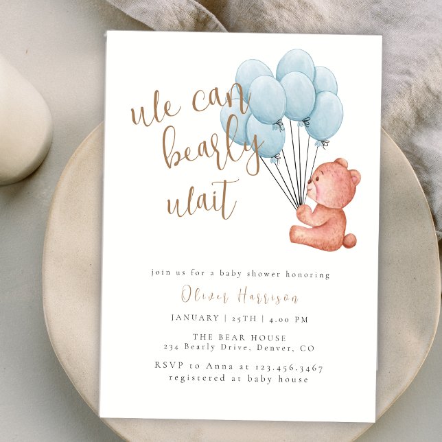 Cute We Can Bearly Wait Blue Balloon Baby Shower Invitation (Cute We Can Bearly Wait Blue Balloon Baby Shower Invitation)