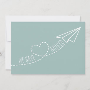 Cute We Have Moved Modern Heart Paper Plane   Blue Announcement