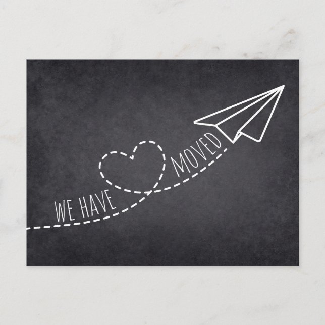 Cute We Have Moved Modern Heart Plane Chalkboard Postcard (Front)