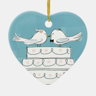 Cute Wedding Bride and Groom White Birds Keepsake Ceramic Ornament