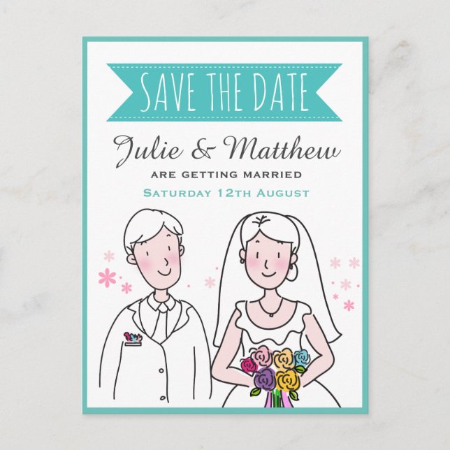 Cute Wedding Couple Doodle Save the Date Custom Postcard (Front)