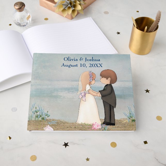 Cute Wedding Couple on Beach Guest Book (Front Open)