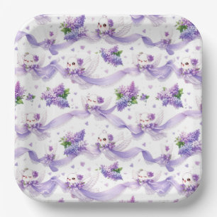 Cute Wedding Doves with Lilacs and Ribbons Paper Plate