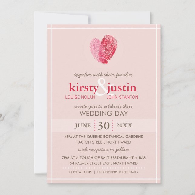 CUTE WEDDING INVITE modern fingerprint heart pink (Front)