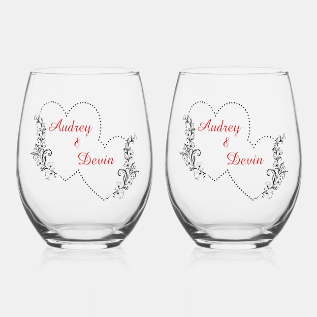 Cute Wedding Keepsake Stemless Wine Glass (Front)