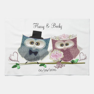Cute Wedding Owls Personalise Tea Towel