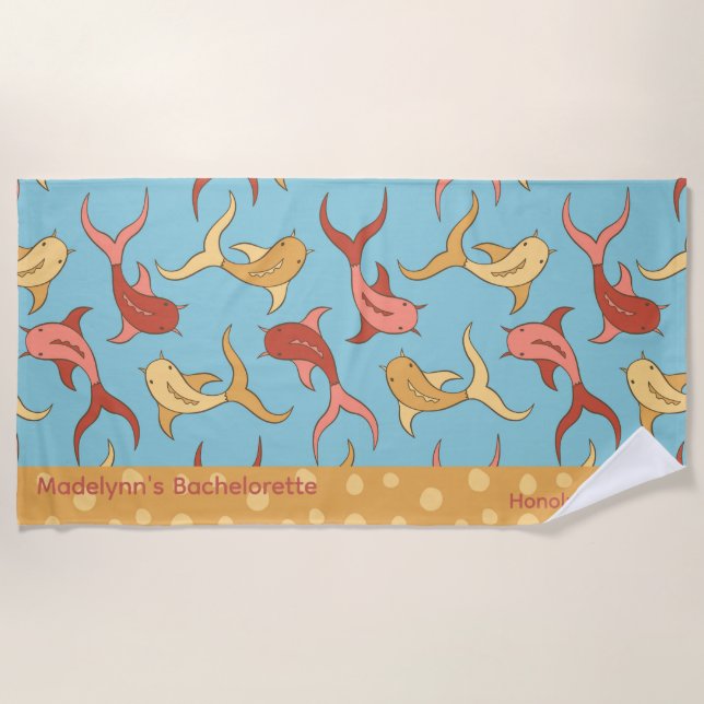 Cute Wedding Party Favour Personalized Koi Fish Beach Towel (Front)