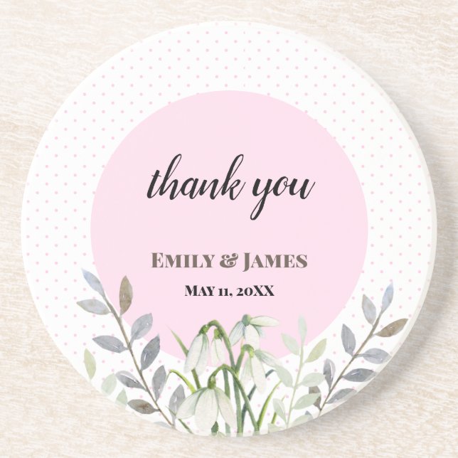 Cute Wedding White Snowdrops Pink Polka Dots Coaster (Front)