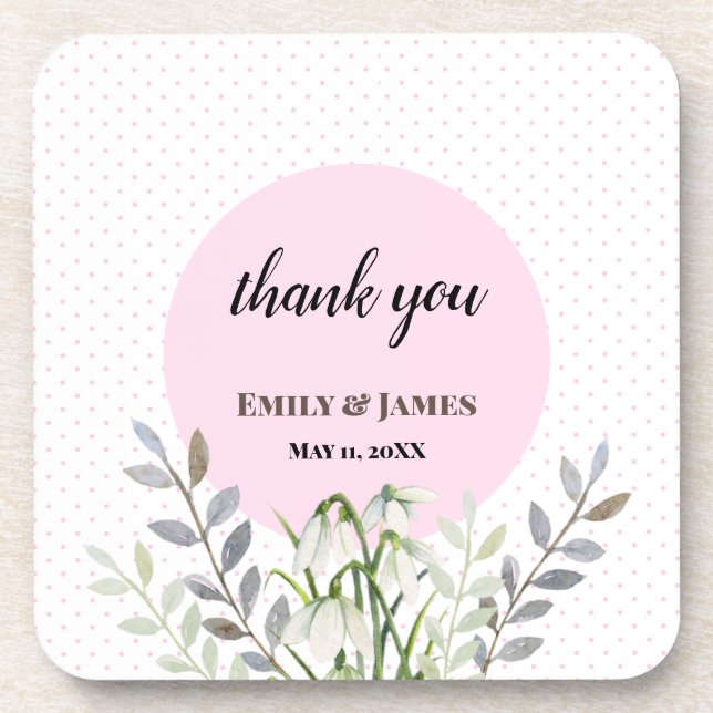 Cute Wedding White Snowdrops Pink Polka Dots Coaster (Front)