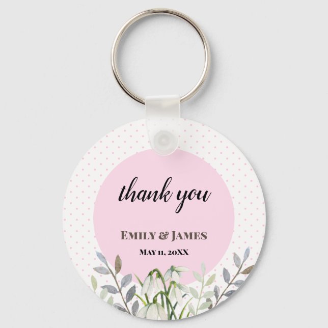 Cute Wedding White Snowdrops Pink Polka Dots Keychain (Front)