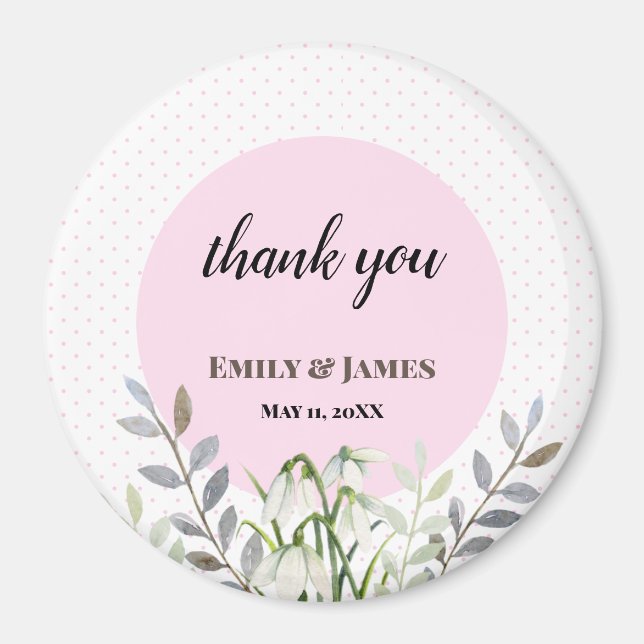 Cute Wedding White Snowdrops Pink Polka Dots Magnet (Front)