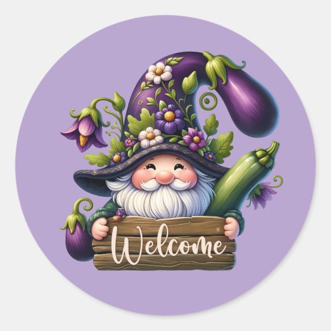 Cute welcome garden gnome  classic round sticker (Front)