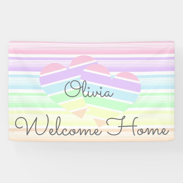 Cute welcome home rainbow stripe love hearts banner (Horizontal)
