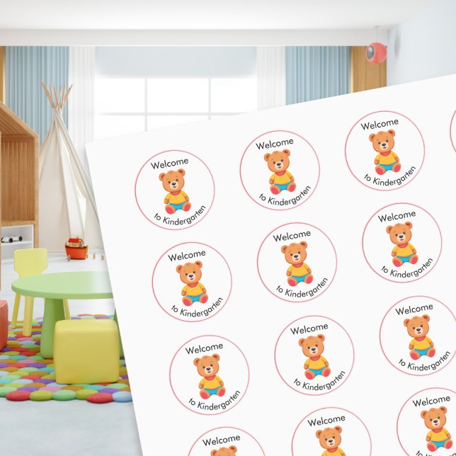 Cute Welcome to Kindergarten Teddy Bear Kids Classic Round Sticker ('Welcome to Kindergarten' stickers with cute teddy bear picture)