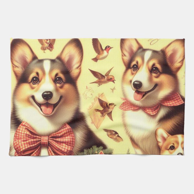 Cute Welsh Corgi Cardigan Illustration Kitchen Towel (Horizontal)